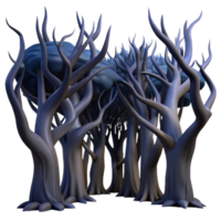 Twisted Trees, Dark Forest, Surreal Landscape, 3D Render, Mystical Woods, Creepy Atmosphere, Digital Art, Fantasy Setting, Eerie Scene, Night Sky png