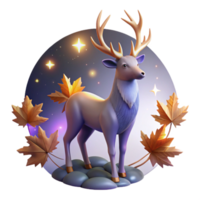 Autumn Deer Night Sky, Maple Leaves, 3D Render png