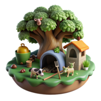Farm Animals, Tree, and Hut 3D Render png