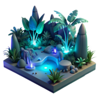 Glowing Tropical Oasis 3D Render of Lush Plants and Bioluminescent Pond png