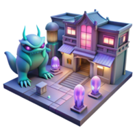 Monster, Building, Night, Fantasy, 3D Render, Scene, Game, Art, Illuminated, Mysterious png
