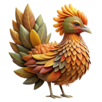 Autumnal Rooster 3D Render of Bird with Leaf-Shaped Feathers png