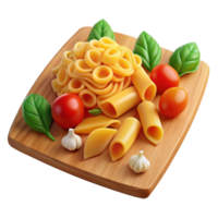 Pasta, Tomatoes, Garlic, and Basil on Wooden Board png