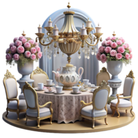 Elegant Tea Party Setting with Crystal Chandelier png