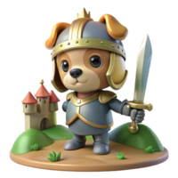 Cute Puppy Knight 3D Render of Dog in Armor with Sword and Castle png