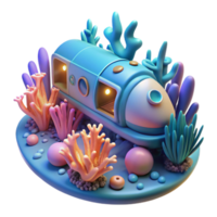 Ocean Submarine in Coral Reef 3D Render png