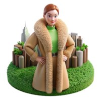 Woman in Winter Coat, Cityscape Background, 3D Render png