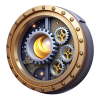 Celestial Gear Mechanism A 3D Render of Interlocking Gears and a Crescent Moon png