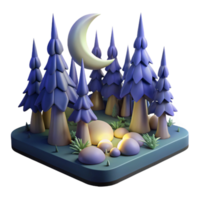 Enchanted Forest Night Scene 3D Moonlit Trees, Rocks, and Glowing Ground png