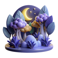 Nighttime Forest 3D Render of Moonlit Trees and Plants png