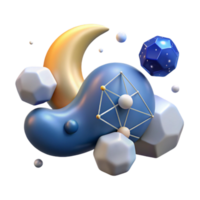 Abstract Celestial Forms 3D Render of Moon, Geometric Shapes, and Space Elements png