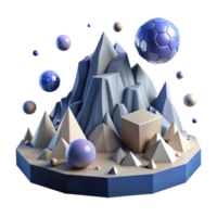 Abstract 3D Mountain Scene with Geometric Shapes and Spheres png