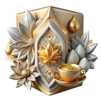 Golden Lotus Tea Ceremony 3D Render of Elegant Floral Design png