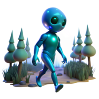 Alien in a Forest 3D Render of a Robot-like Extraterrestrial Walking Through Trees png