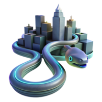 Cyberpunk Cityscape A Futuristic Metropolis Encircled by a Bio-Luminescent Serpent png