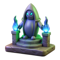 3D Render of a Mystical Hooded Figure on a Stone Pedestal with Flames png