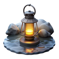 Illuminated Lantern on Rocks 3D Render of Glowing Light Source png