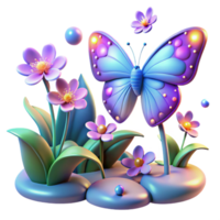 Vibrant Butterfly and Flowers in a 3D Rendered Garden png