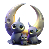 Crescent Moon and Cute Kitten Family Figurine png