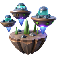 Floating Island with UFOs A 3D Render of Sci-Fi Landscape png
