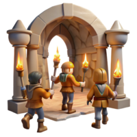 Digital Render of Adventurers Entering an Ancient Stone Archway png