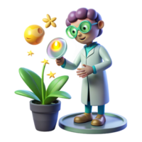 Scientist Examining Plant with Magnifying Glass and Glowing Particles png