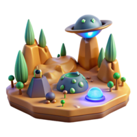 Alien Landscape 3D Render of UFO, Flora, and Mysterious Structures png