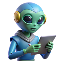 Alien using Tablet Computer Digital Technology in Space Exploration png