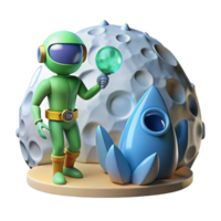 3D Render of Astronaut on the Moon with Rocket png