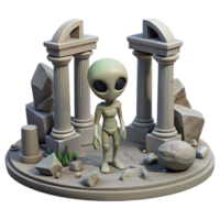 Alien in Ancient Ruins 3D Render of Extraterrestrial Figure Amidst Classical Architecture and Stone Debris png