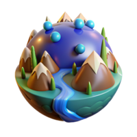 Stylized 3D Render of a Miniature Planet with Mountains, River, and Floating Spheres png