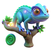 3D Render of a Cute Chameleon on a Branch png