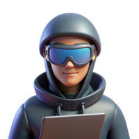 3D Render of a Person in a Hooded Jacket and Goggles Using a Tablet png