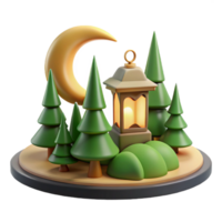 Night Scene with Lantern, Crescent Moon, and Pine Trees png