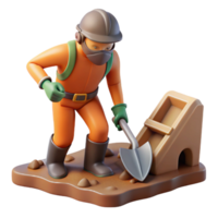 3D Render of Miner Digging with Shovel and Ore Cart png