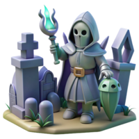 3D Render of a Hooded Figure with a Torch in a Graveyard Setting png