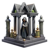 Digital Render of Hooded Figure in Classical Shrine with Candles png