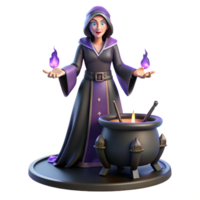 Digital Render of a Female Witch with Cauldron and Purple Flames png