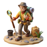 3D Render of Adventurous Hiker Exploring Nature with Magnifying Glass png
