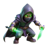 Glowing Assassin 3D Render of Hooded Figure with Dual Blades png