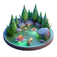 Serene Pond Scene 3D Render of Tranquil Water, Lily Pads, and Candles png