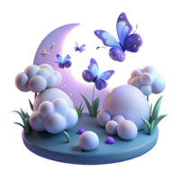 Whimsical Night Scene with Butterflies, Clouds, and Moon png