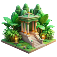 Tropical Temple Steps 3D Render of Lush Garden with Grecian Architecture png