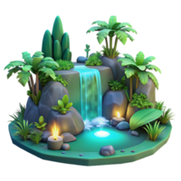 Serene Waterfall Oasis 3D Render of Tropical Garden with Candles png