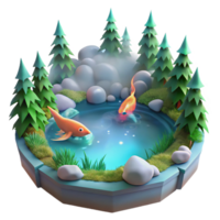 Serene Pond Scene 3D Render of Fish in a Forest Setting png