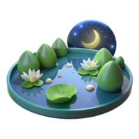Night Pond Scene 3D Render of Serene Water Lilies, Moon, and Stars png