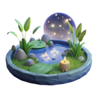 Serene Nighttime Pond 3D Render of Tranquil Water Feature with Candles and Plants png