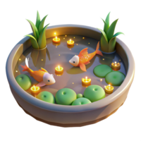 Serene Koi Pond at Night 3D Render of Aquatic Scene with Candles png