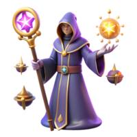 Wizard with Magical Staff and Orbs 3D Render of Fantasy Sorcerer png