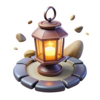 Illuminated Lantern on Stone Base with Floating Rocks png